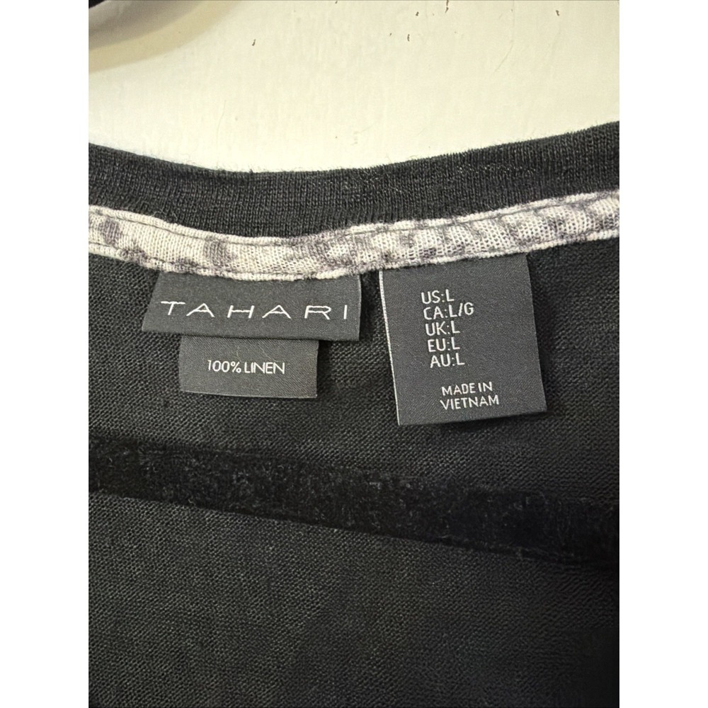 TAHARI Black L 100% LINEN Short Sleeve Blouse Top Shirt Boho Logenlook Resort - Picture 2 of 5